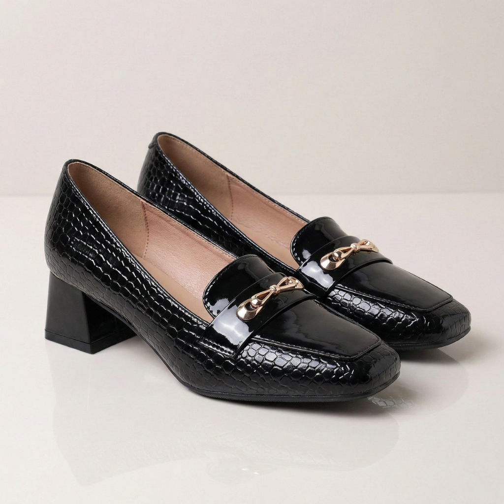 Women's Square Toe Pumps with Crocodile Effect Upper, Glossy Patent Finish, Wide Heel – Elegant Shoes