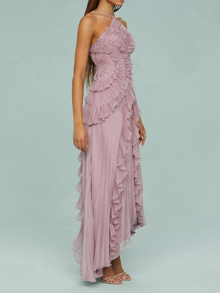 Elegant Asymmetrical Ruffled Long Pleated Dress for Women, view 3 - Elena Harper