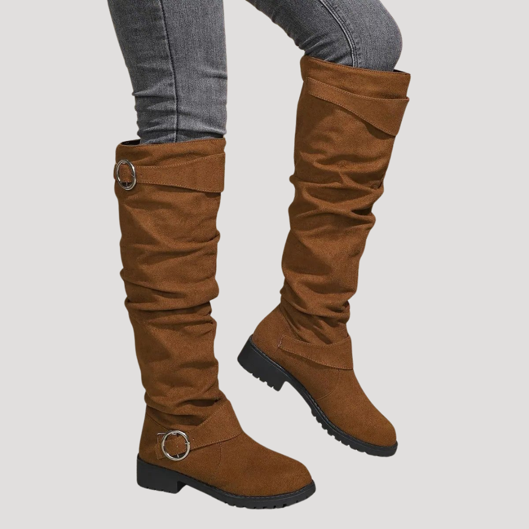 Women's Suede Knee-High Boots with Buckle Detail