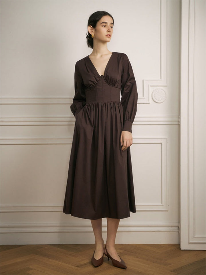 Early Spring V-Neck Waist Midi Dress