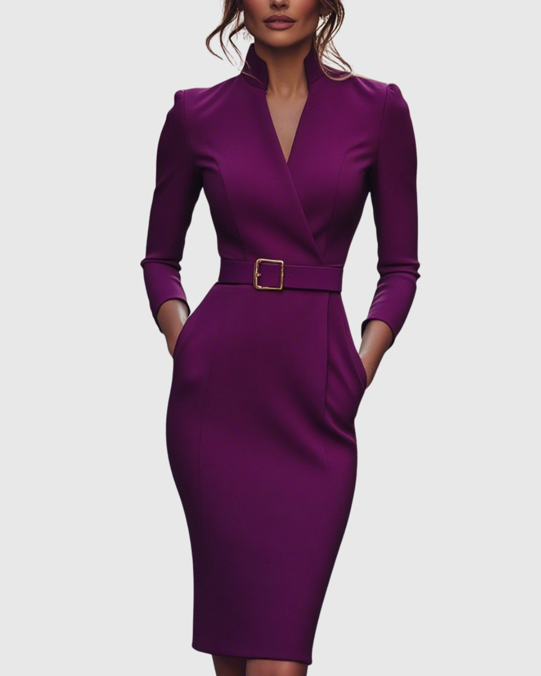 Women's Elegant Mock Wrap Midi Dress with Flattering Belt