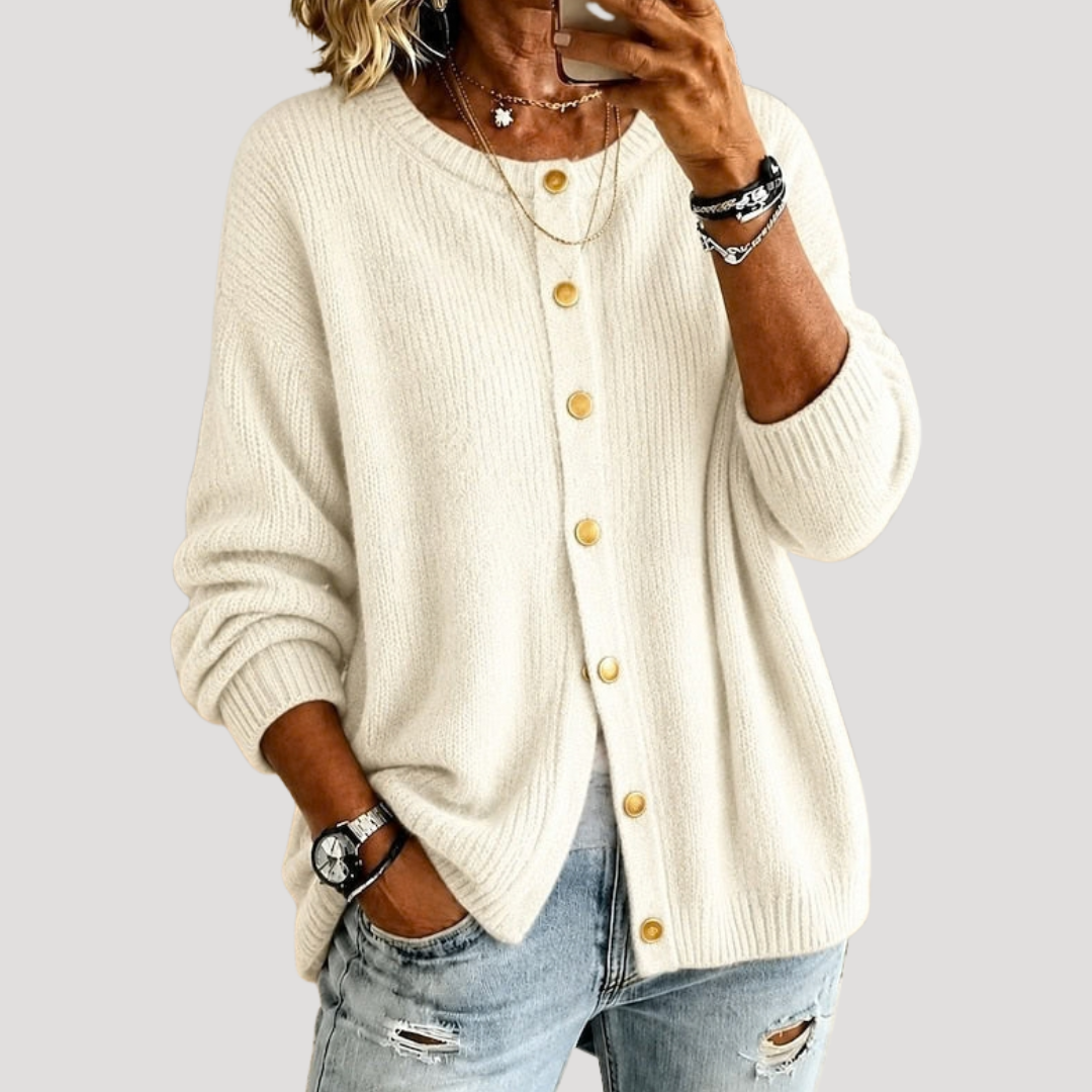 Women's Round Neck Cardigan with Front Buttons