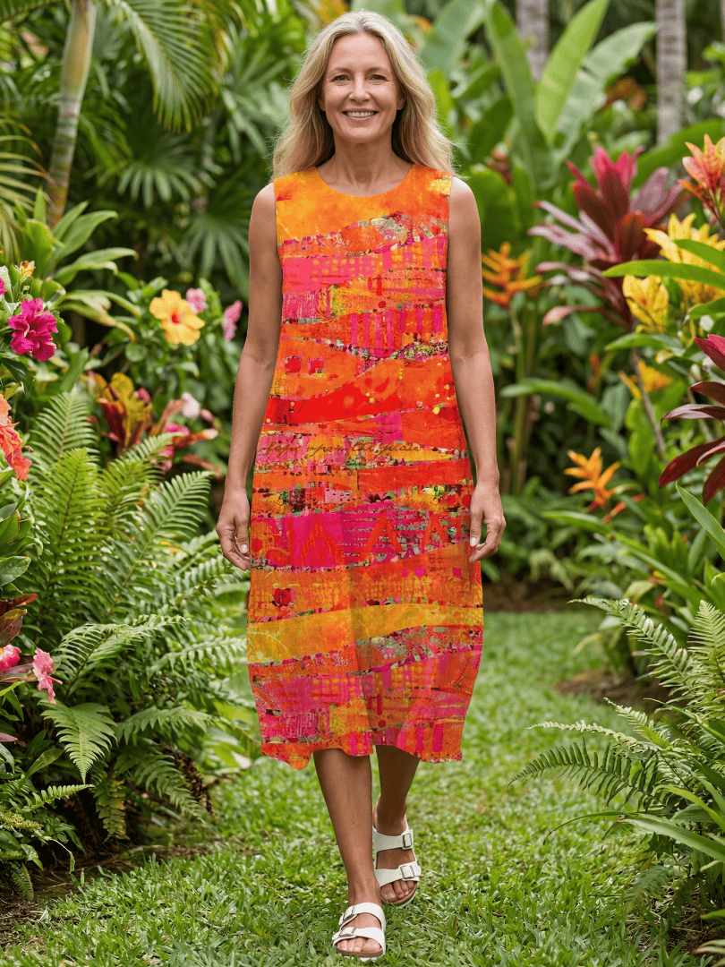 Leilani™ Painted Path midi dress by Emma & Rose Cape Town, featuring a flowy silhouette with vibrant floral patterns.