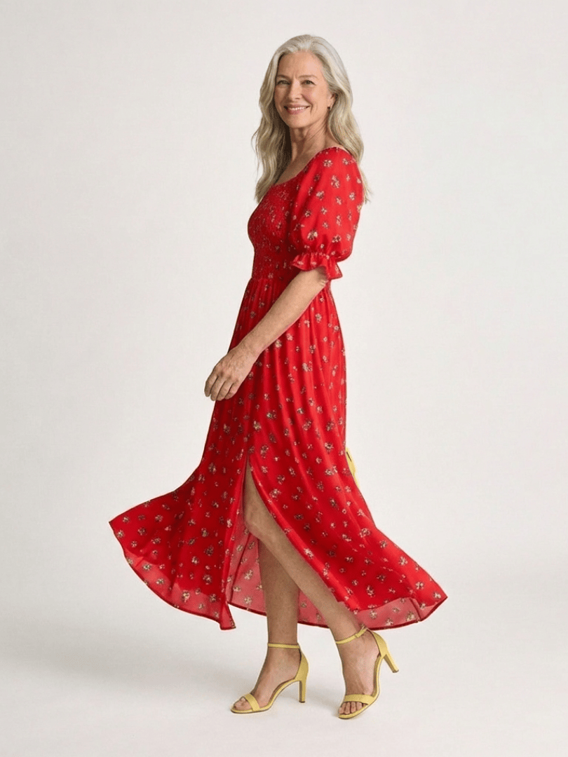 Delphine™ puff sleeve midi dress by Emma & Rose Cape Town, featuring a stylish flowy design and elegant puffed sleeves.