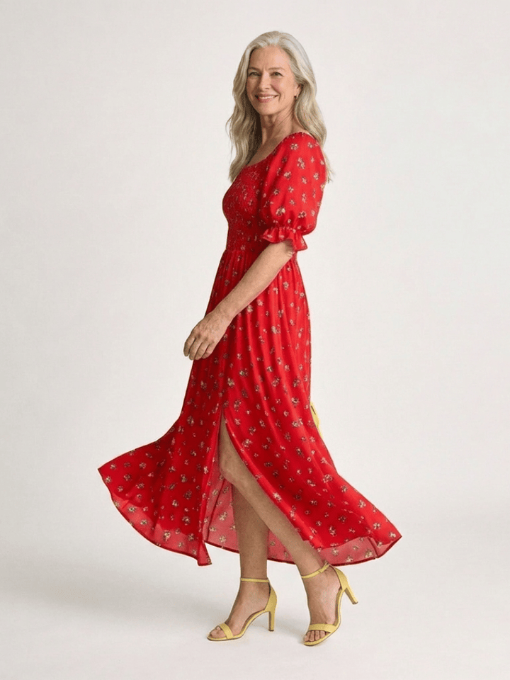 Delphine™ puff sleeve midi dress by Emma & Rose Cape Town, featuring a stylish flowy design and elegant puffed sleeves.