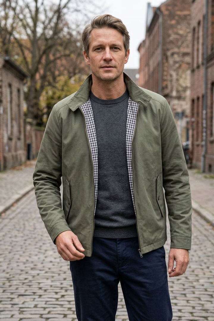 Men's Harrington Jacket with Lapel Collar, Hip-Length, Front Zipper