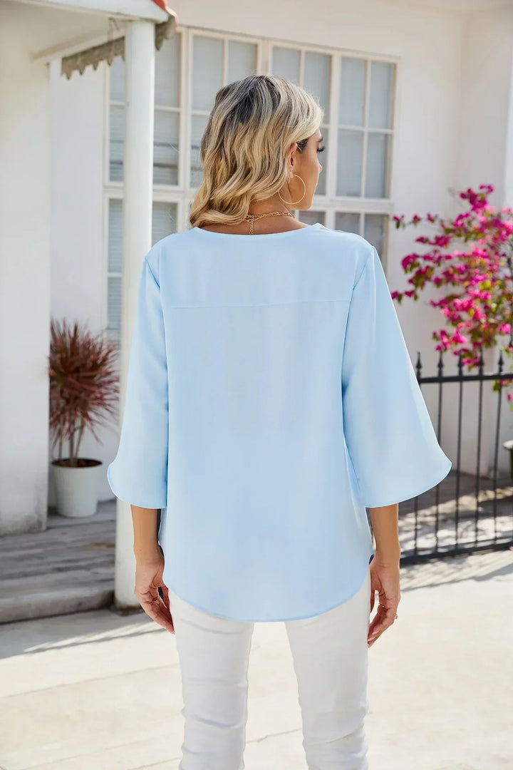 Elegant Women's Blouse with V-Neck and Three-Quarter Sleeves – Lightweight Comfortable Unique Top for Everyday or Office Wear