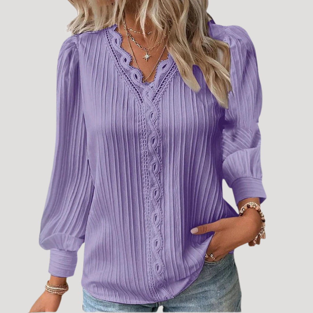 Elegant Women's Pleated Lace V-Neck Blouse