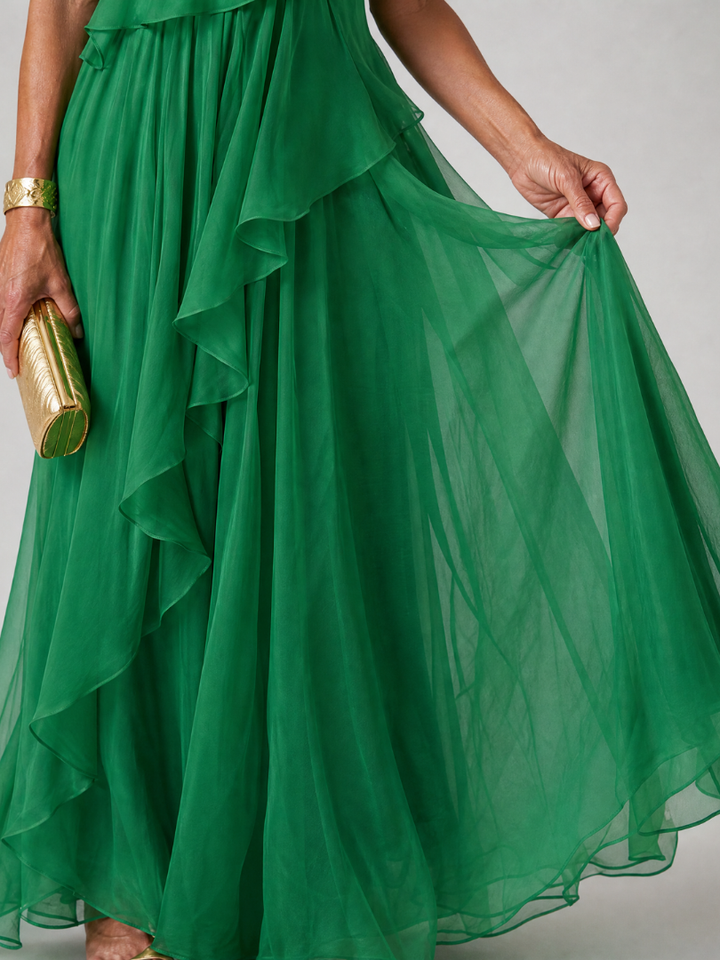 Asymmetrical Maxi Dress for Women with Ruffles in Chiffon, view 3 - Elena Harper