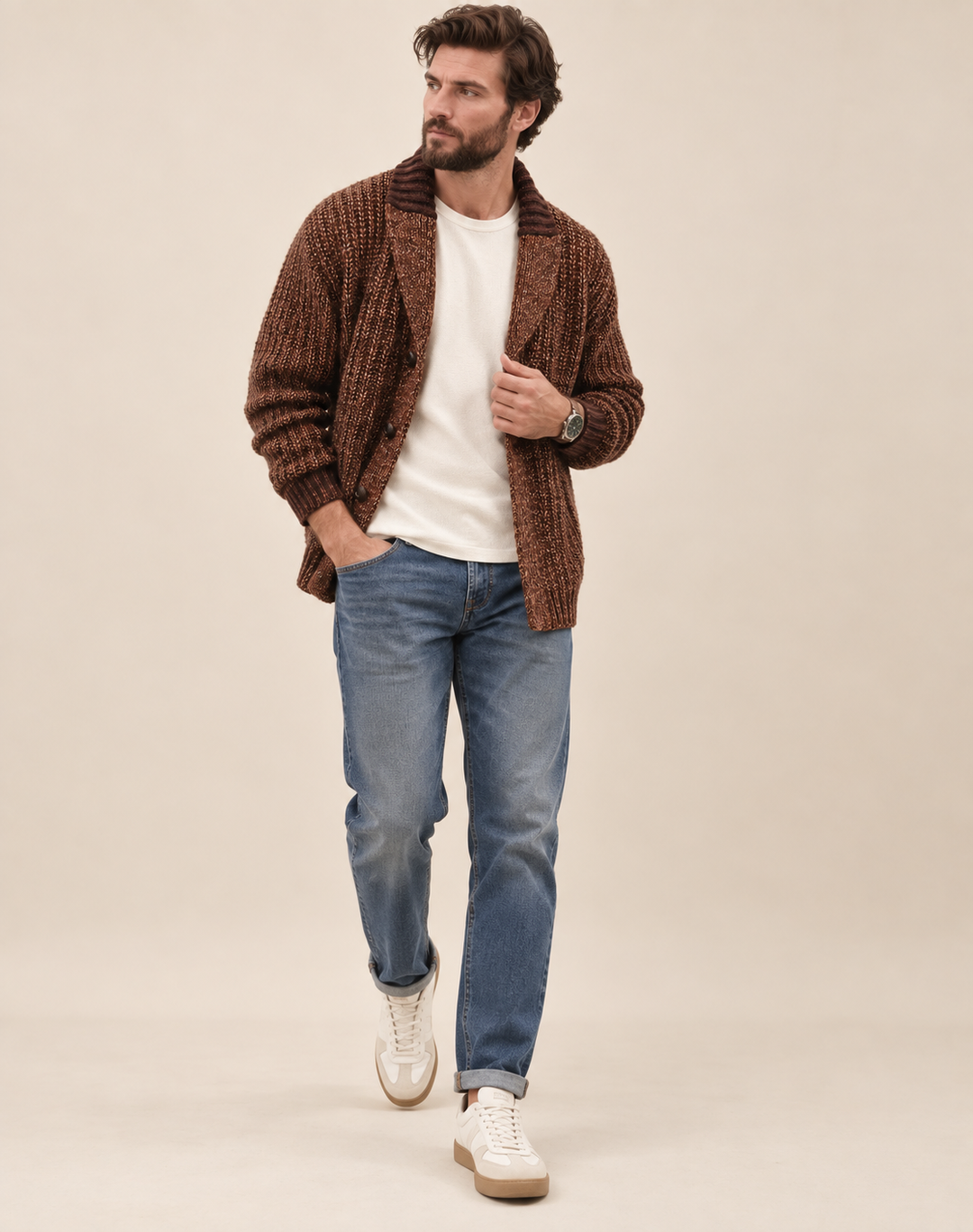 Men's Robust Knitted Cardigan with Shawl Collar and Buttons