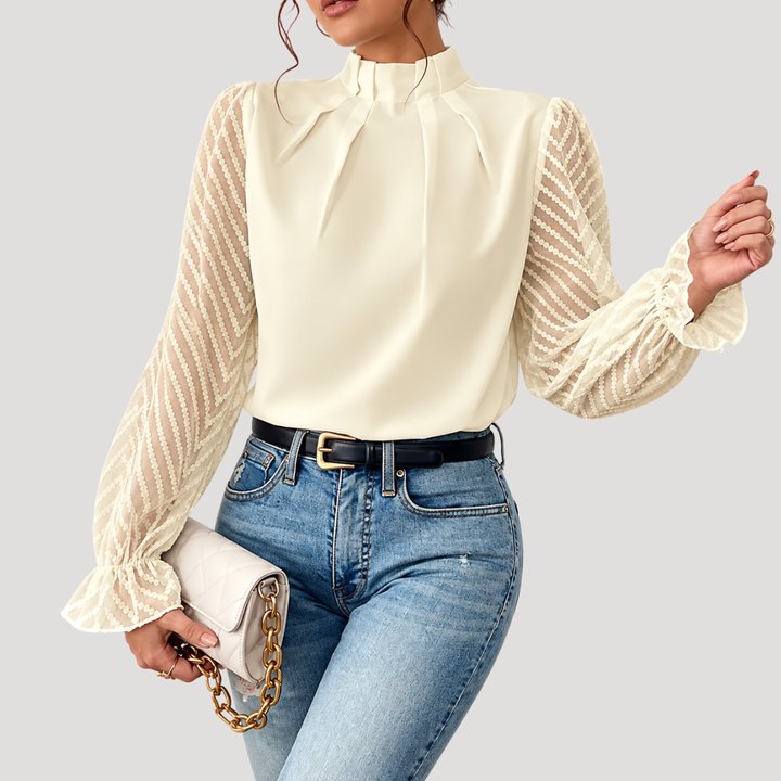 Women's Blouse with High Collar and Sheer Sleeves