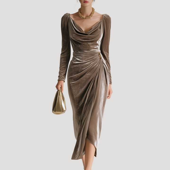 Draped Velvet Dress for Women with Long Sleeves - Elegant