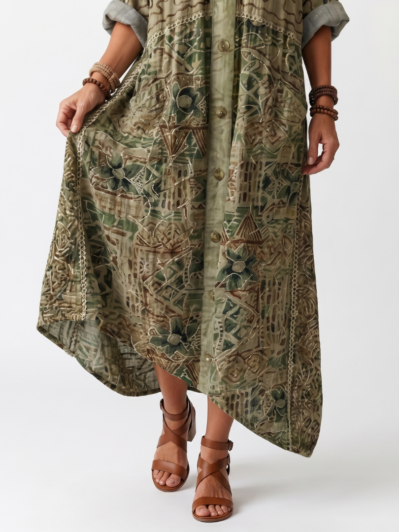 Glyfaith Printed Maxi Dress with Button Placket and Pockets, view 3 - Elena Harper