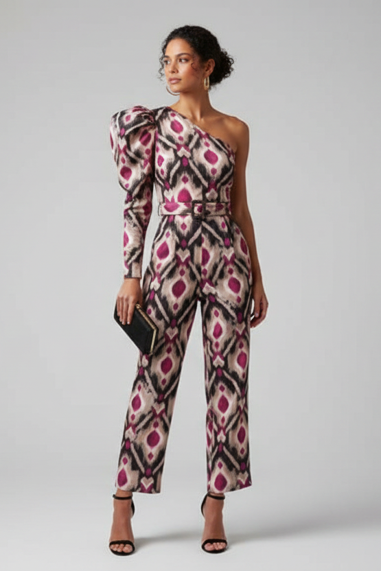 Women's Elegant One Shoulder Puff Sleeve Midi Dress