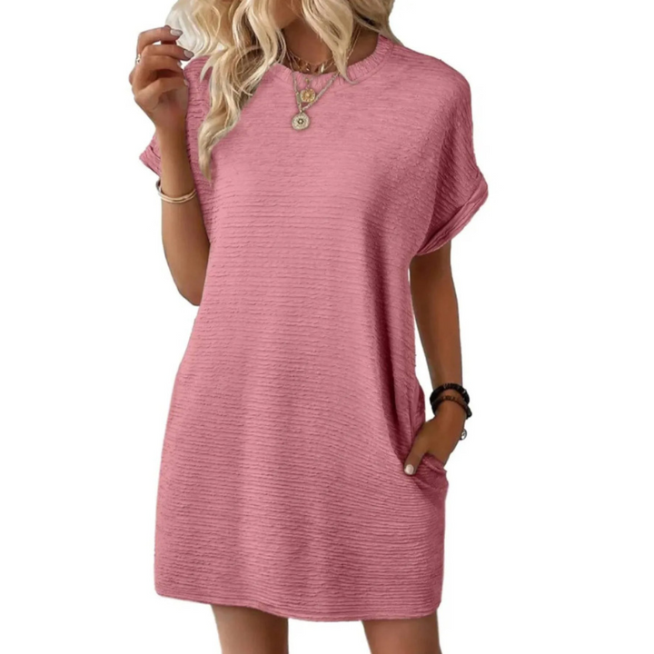 Tessa Minimalist Round Neck Summer Dress, view 2 - Elena Harper