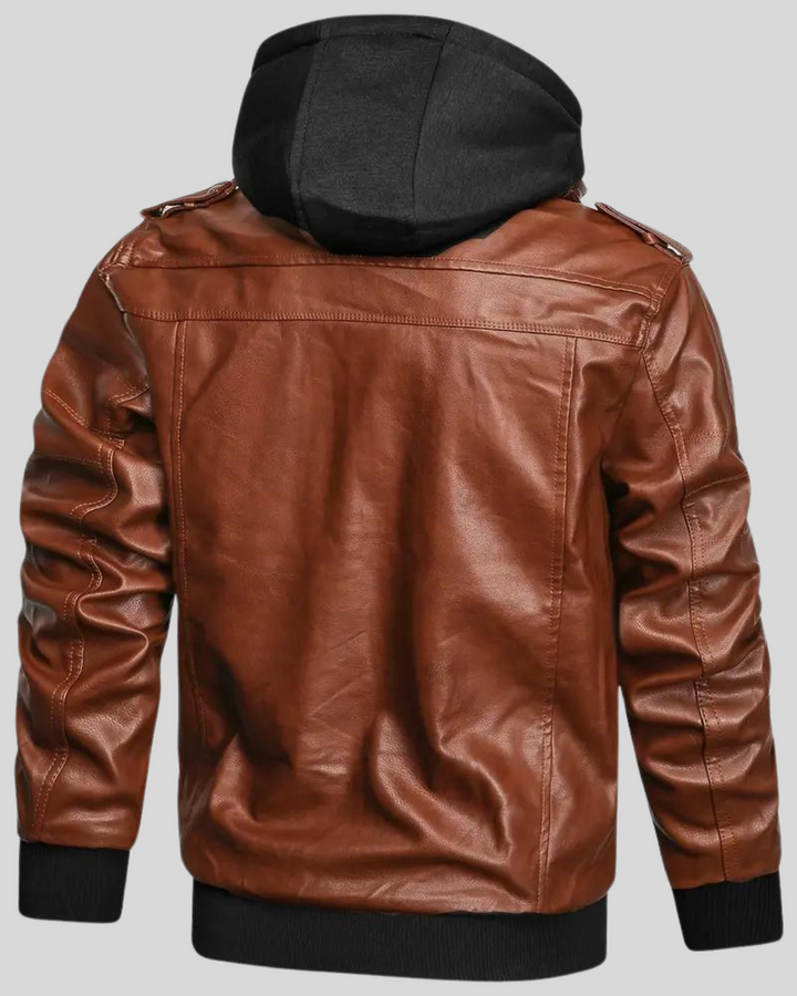 Davor Leather Jacket with Hood and Double Zipper, view 5 - Elena Harper