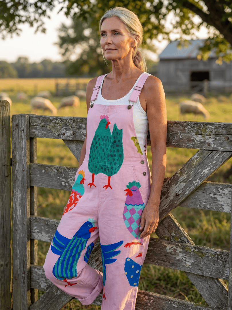Sanna™ hen motif jumpsuit by Emma & Rose Cape Town, featuring a stylish jumpsuit with hen pattern, front pockets, and adjustable straps.