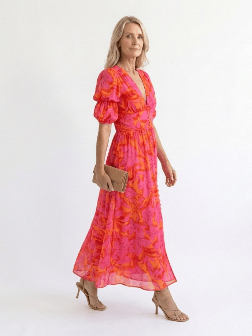 Willow™ Puff Sleeve Midi Dress by Emma & Rose Cape Town, featuring a flowy silhouette and puff sleeves, in a stylish midi length.