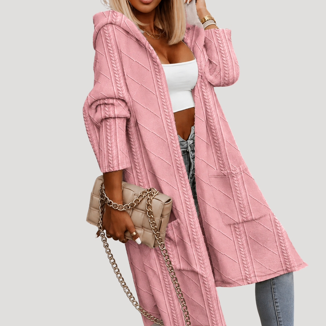 Long Hooded Cardigan for Women in Twisted Knit