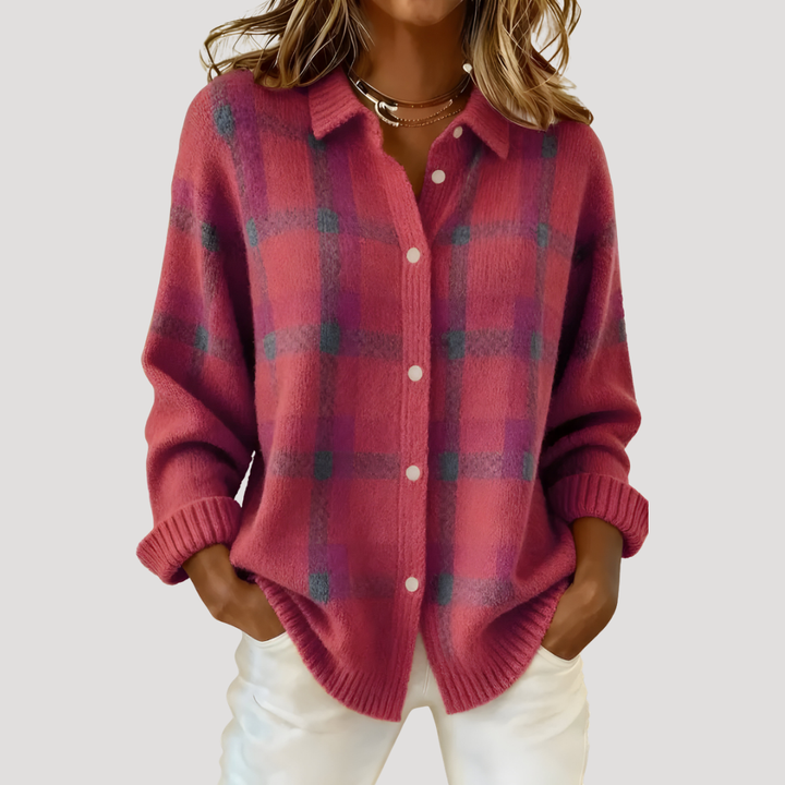 Women's Plaid Knit Cardigan with Loose Fit