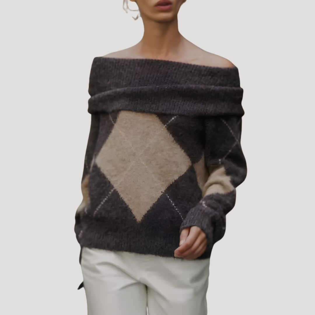 Women's Argyle Off-Shoulder Sweater