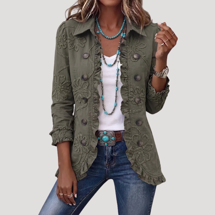 Embroidered Buttoned Women's Jacket with Ruffles