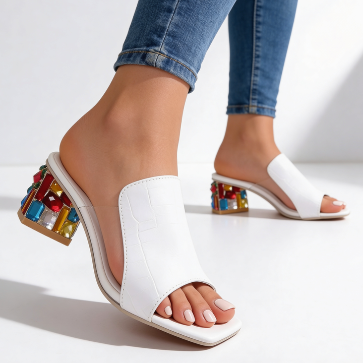 Ladies' Slippers with Rhinestones Block Heel - Peep-Toe Sandals