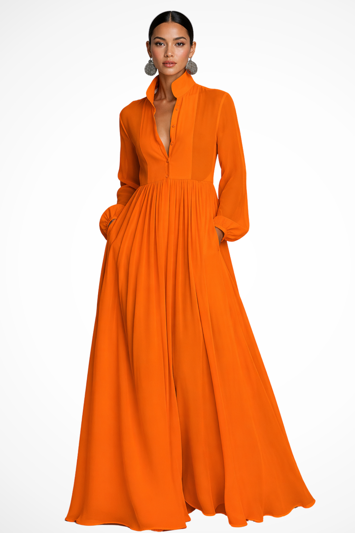 Ladies Maxi Dress Long Sleeve with Buttons and Pockets, view 6 - Elena Harper