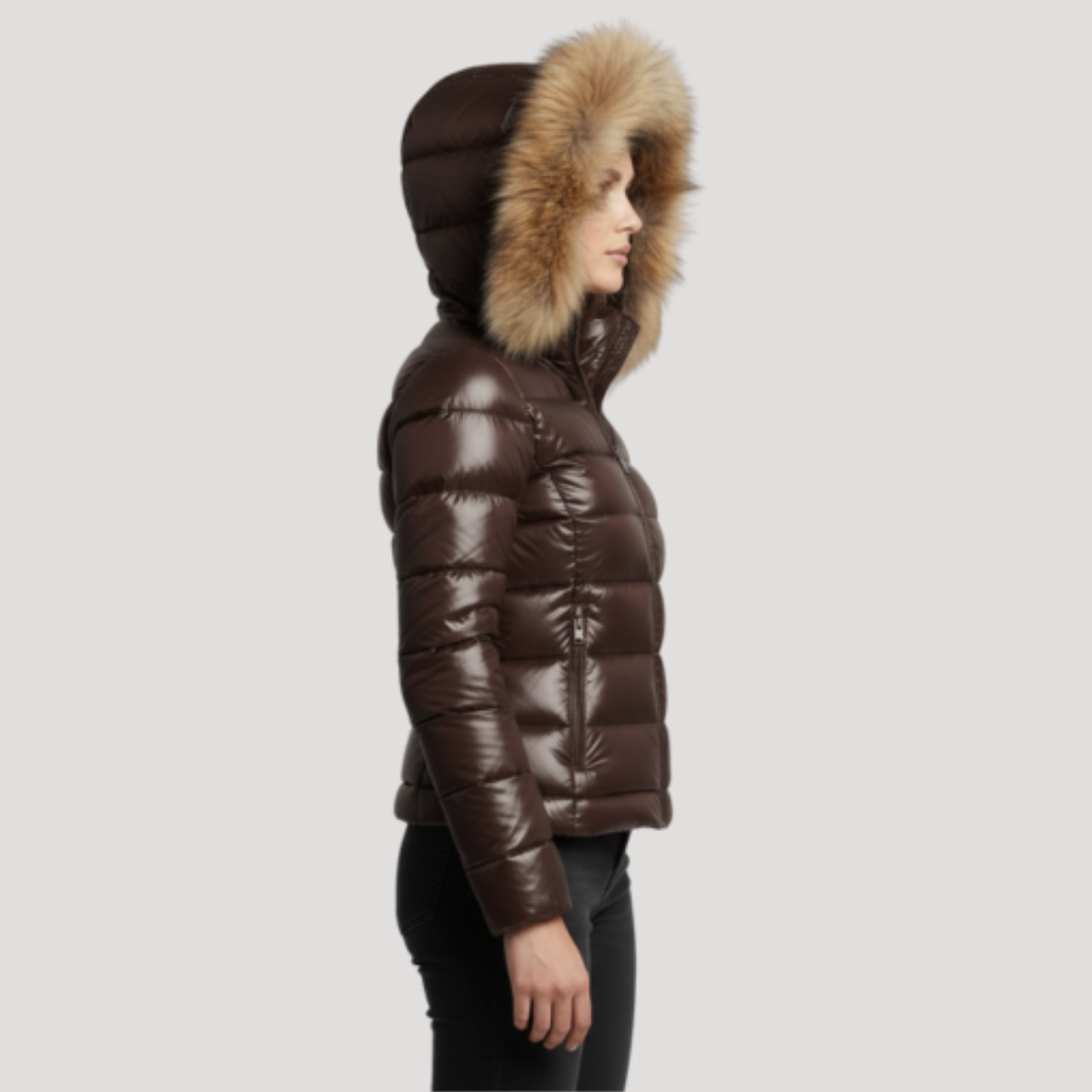 Shiny Women's Hooded Down Jacket with Faux Fur