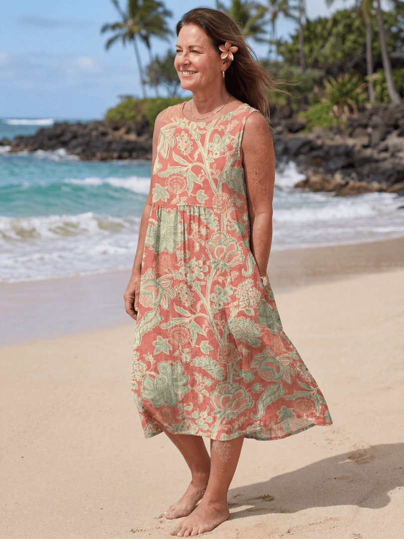 Emma & Rose Cape Town Maui™ Beach Midi Dress showing lightweight fabric, floral pattern, and relaxed fit for summer wear.