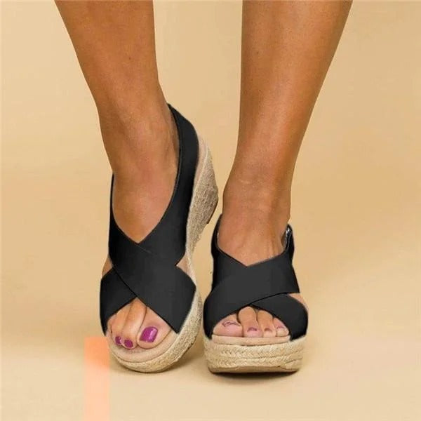 Annika open-toe orthopedic wedges by Emma & Rose Cape Town featuring bohemian style sandals for women with woven straps and wooden heels.