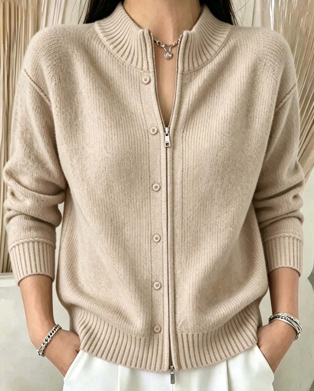 Women's Zip Sweater with Round Neck Soft and Practical - Elena Harper