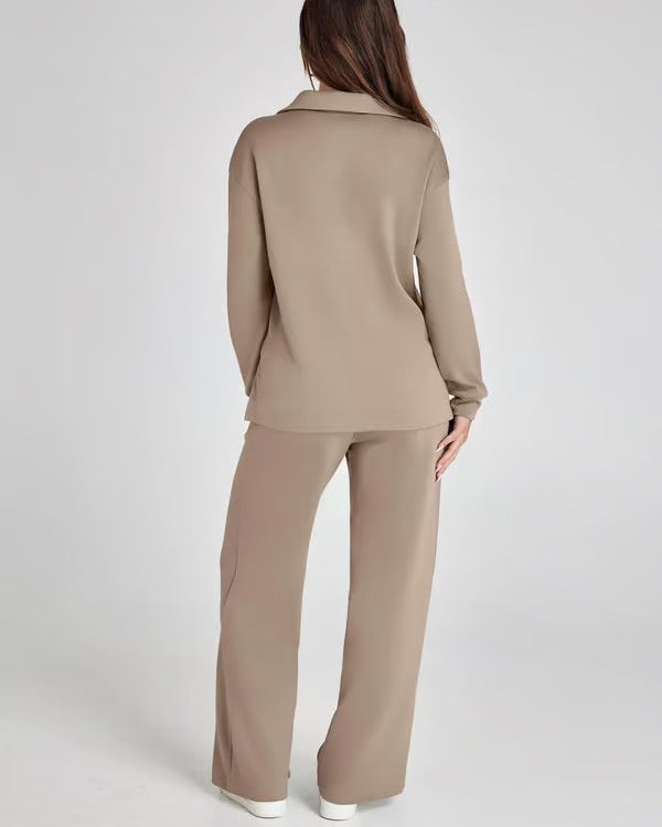 Autumn Women's Two-Piece Set with High Neck Sweatshirt and Wide Leg Pants