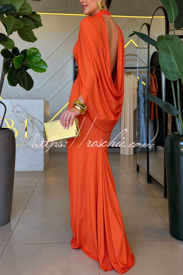 Mermaid High Neck Cape Sleeve Drape Open Back Evening Gown Maxi Dress