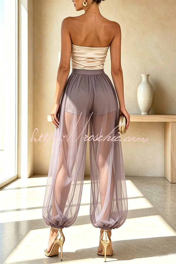 Semi-sheer Mesh Solid Color Mid Rise Patchwork Loose Lantern Pants