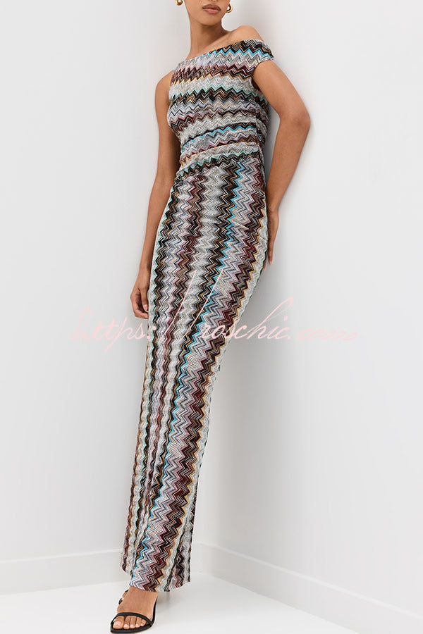 Cocktails and Vacation Knit Colorful Zigzag Pattern One Shoulder Slit Maxi Dress, view 6 - Elena Harper
