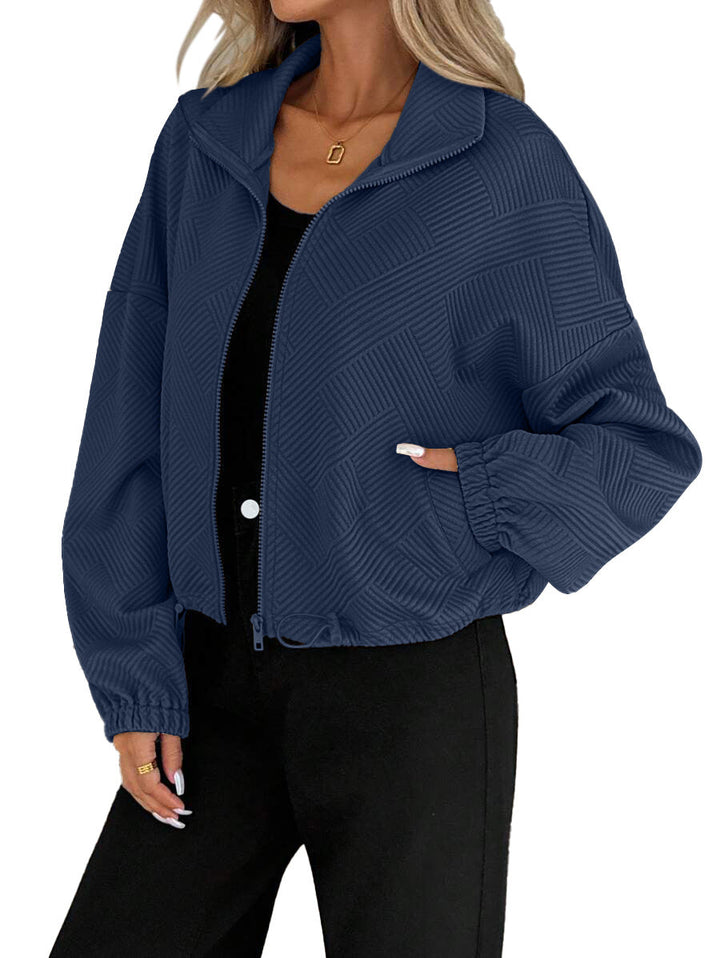 Women's High Collar Zip Jacket – Loose Fit, Drawstring Hem, Casual Autumn-Winter Style