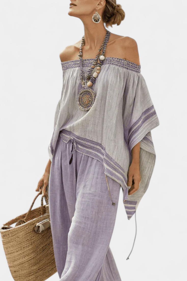 Zandrel | Elegant Off-Shoulder Top & Wide-Leg Striped Pants