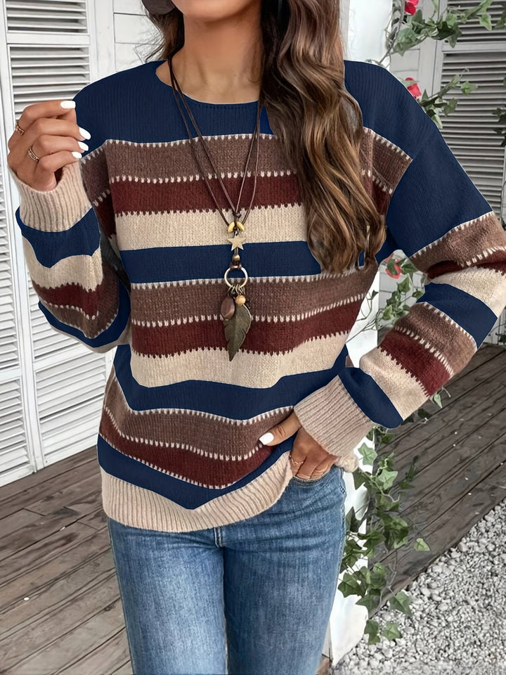 Women's Striped Knit Sweater with Round Neck