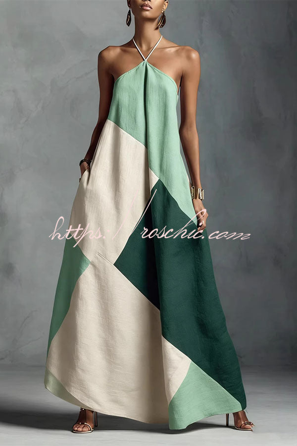 Tuscan Sun Geometric Patchwork Halter Dress