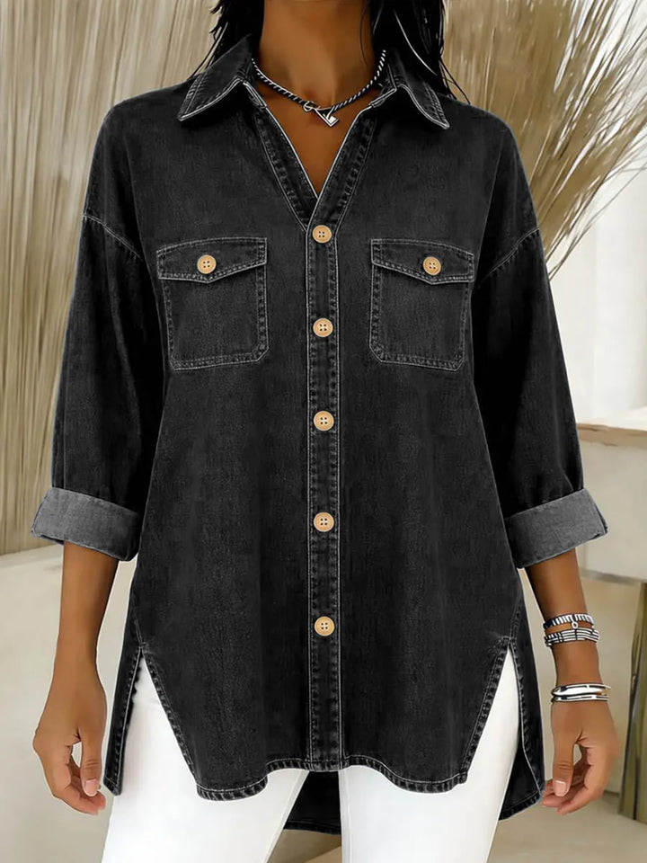 Women's Long Denim Shirt with Loose Fit and Pockets