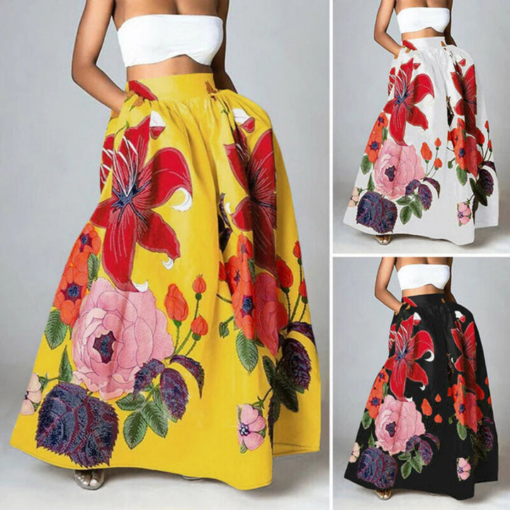 Women's maxi skirt with floral print, high-waisted and elegant