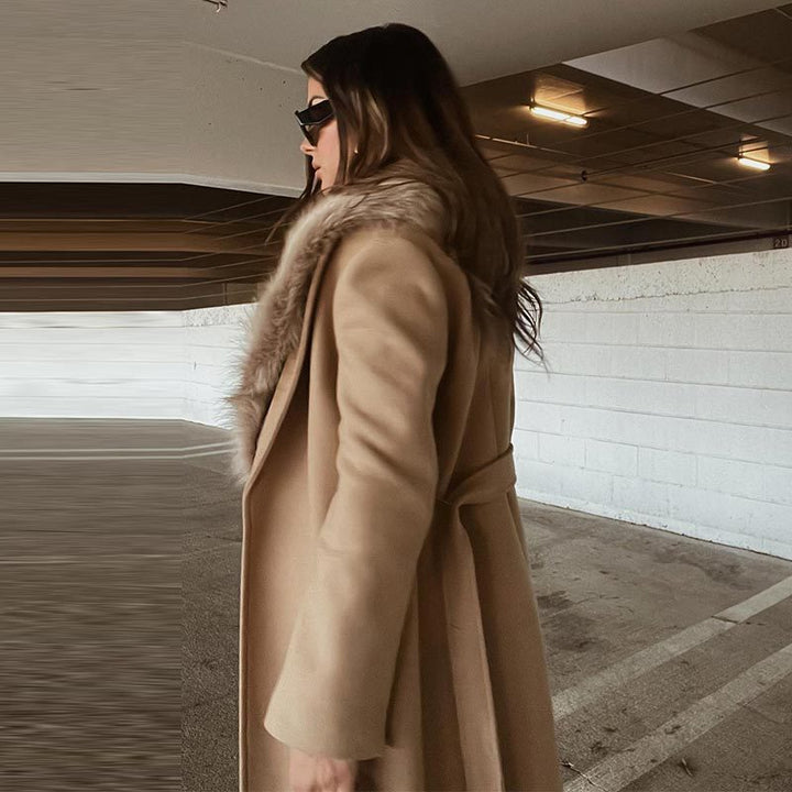 Long women's coat with wrap collar and crossover closure - Eirlys