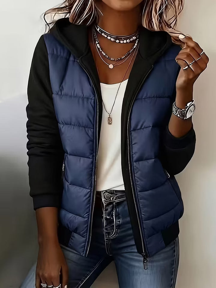 Women's Quilted Jacket with Hood and Contrast Sleeves