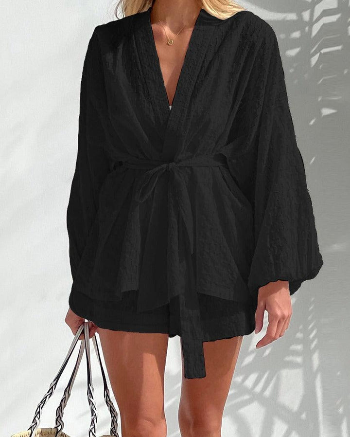Women's Long Sleeve Kimono Top and Shorts Set, view 4 - Elena Harper