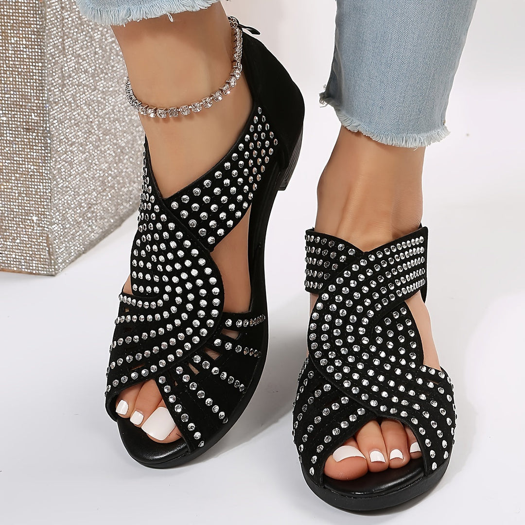 Denuta Open-Toe Wedge Sandals with Rhinestones - Elena Harper