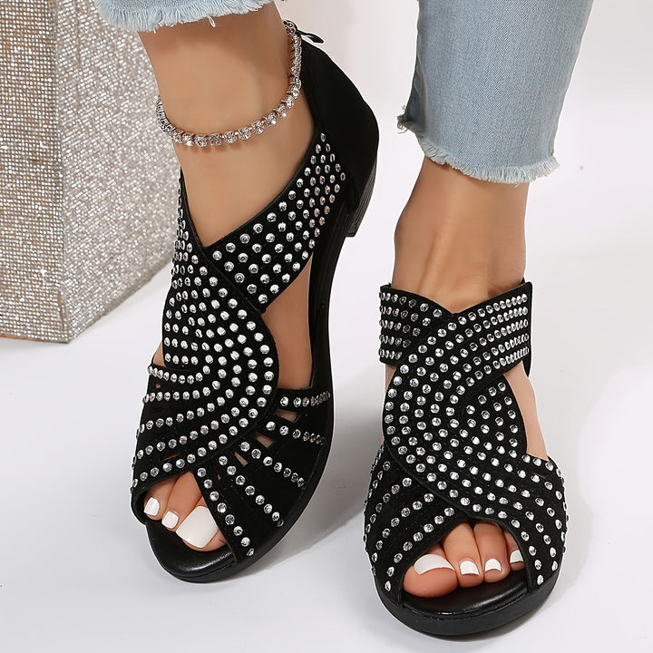 Denuta Open-Toe Wedge Sandals with Rhinestones - Elena Harper
