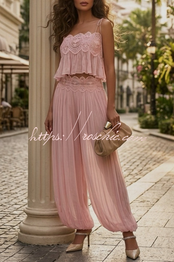 Dreamy Crinkle Chiffon Lace Trim Tank and High Rise Loose Lantern Pants Set