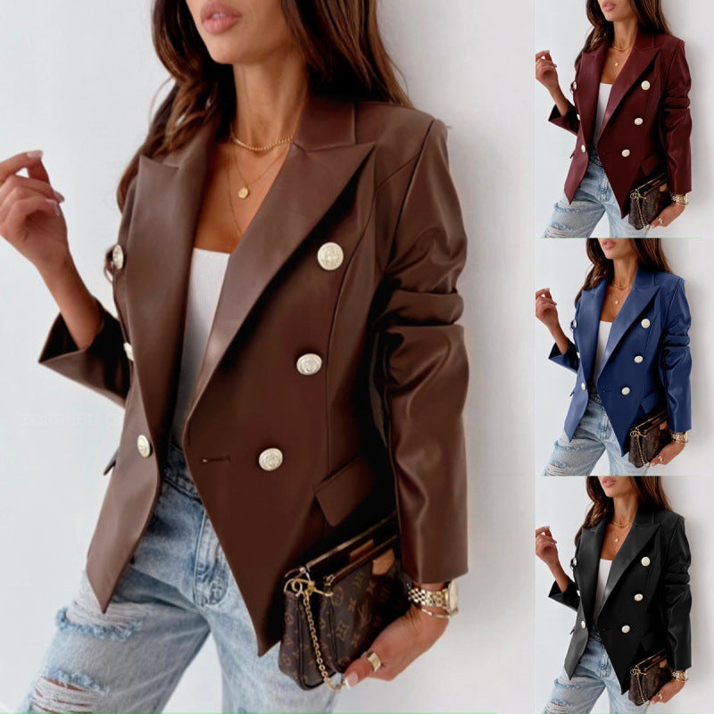 Women's Long Sleeve Double-Breasted Synthetic Leather Blazer – Chic, Elegant, Casual, and Dressy Style