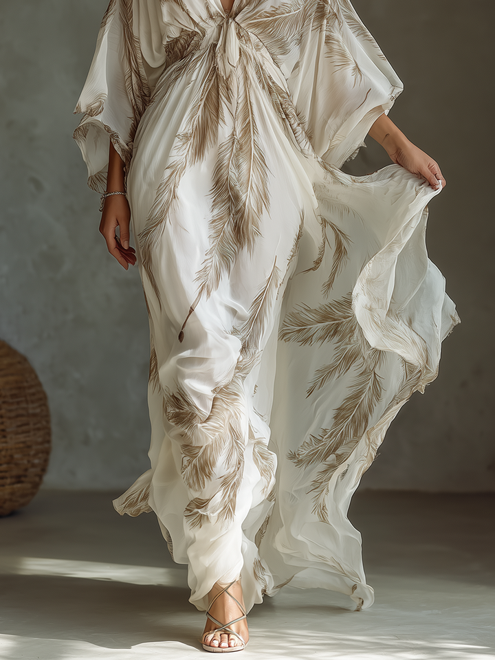 Women's Elegant Palm Leaf Maxi Dress with Twisted Front